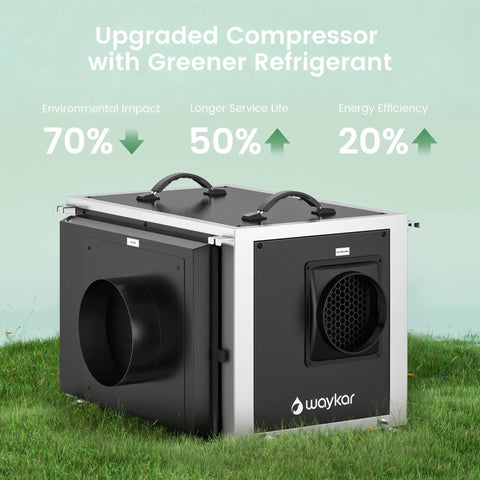 Heavy-Duty 216 Pint Crawl Space Dehumidifier With Built-In Pump And Remote Control For Whole House And Basement, 8000 Sq Ft Coverage, upgrade showing compressor with greener refrigerant design.