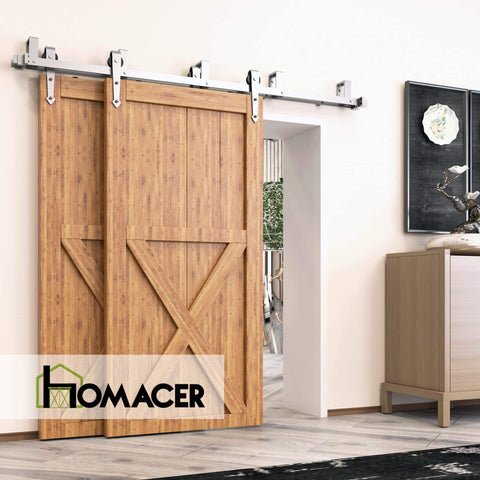 Brushed Nickel Double Track Bypass Sliding Barn Door Hardware Kit For Two Doors 6.6ft installed in a room, with wood doors