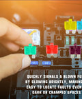 Heavy Duty LED Blade Fuse Assortment Kit Featuring ATC ATO Circuit Breakers For Whip And Diesel Rig 5A To 40A Amperage Protection, colorful fuses being replaced in a fuse box.