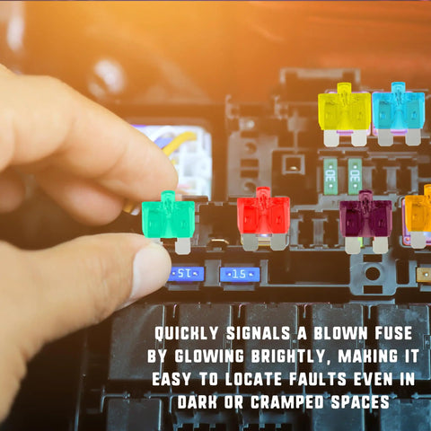 Heavy Duty LED Blade Fuse Assortment Kit Featuring ATC ATO Circuit Breakers For Whip And Diesel Rig 5A To 40A Amperage Protection, colorful fuses being replaced in a fuse box.