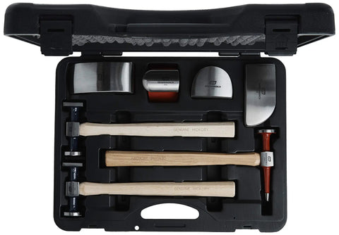 7 Piece Auto Body Hammer And Dolly Set For Dent Repair Built With Flame Treated Hickory Handles And Highly Polished Dollys In Black Case