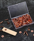 Open box of 200 Pcs Copper Rivets And Burrs Washers Leather Fastener Kit For DIY Belts Wallets Collars Handbags Shoes