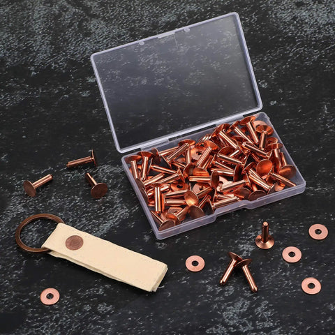 Open box of 200 Pcs Copper Rivets And Burrs Washers Leather Fastener Kit For DIY Belts Wallets Collars Handbags Shoes