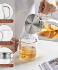Person pouring tea from One Touch Glass Teapot 27 Oz 800 Ml Glass Tea Kettle With Stainless Steel Filter Lid into glass cup