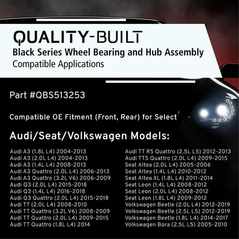 Quality-Built Black Series Wheel Bearing and Hub Assembly details for Audi Seat Volkswagen models, part #QBS513253