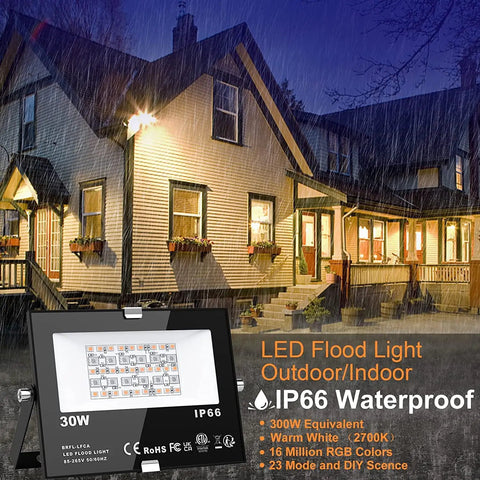Four Pack RGB LED Flood Lights Outdoor 300W Equivalent 30W Bluetooth Smart Color Changing Floodlights With IP66 Waterproof