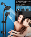 Handheld Showerhead And Rain Shower Combo With 27.5 Inch Drill-Free Stainless Steel Slide Bar 5-Setting Shower Head 5 Foot Hose No Tool Needed Install Easy Reach Shower System For Quick Bathroom Upgrade in use.