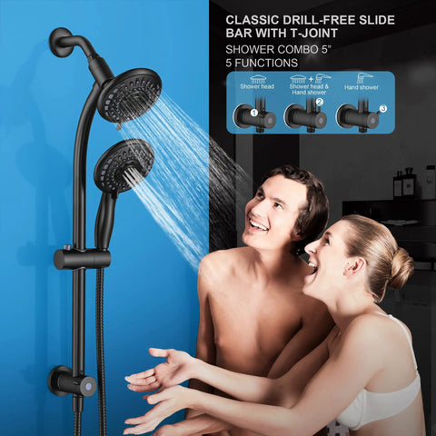 Handheld Showerhead And Rain Shower Combo With 27.5 Inch Drill-Free Stainless Steel Slide Bar 5-Setting Shower Head 5 Foot Hose No Tool Needed Install Easy Reach Shower System For Quick Bathroom Upgrade in use.
