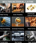TECHTONGDA 8x31in metal lathe collage showing metal turning, screw threading, internal/external threads, wood turning