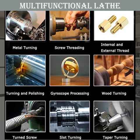TECHTONGDA 8x31in metal lathe collage showing metal turning, screw threading, internal/external threads, wood turning