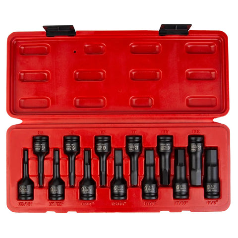 Impact Hex Driver Set 13-Piece 3/8 Inch Drive SAE And Metric in red blow molded case with CR-MO sockets visible