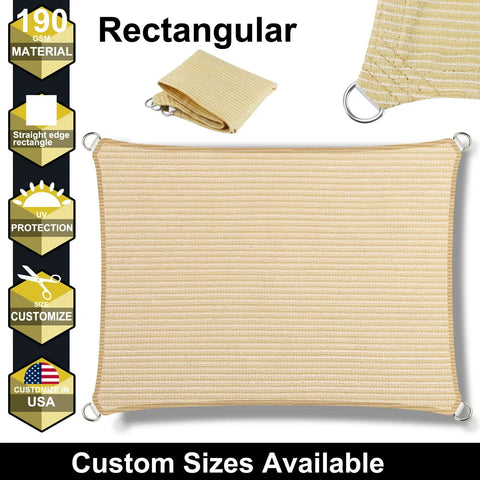 Beige 5 By 8 Foot Sun Shade Sail With Straight Edge For Patio And Pergola Outdoor UV Protected HDPE Shade Fabric Rectangle Awning Cloth With Corner D Rings Customizable Size displayed flat with D-rings.