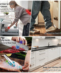 Illustration showing hands-free cabinet foot pull benefits for trash cans and doors under cabinets with full overlay, not recessed designs