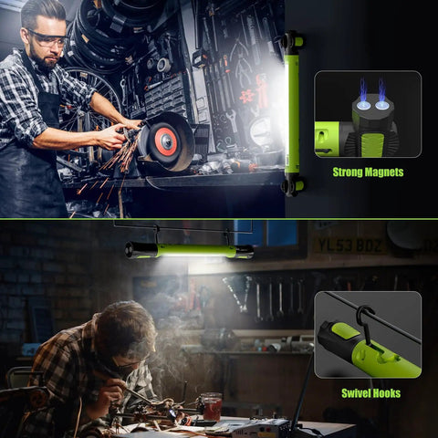 Cordless Underhood Work Light With Magnetic Base, 3000 Lumen LED, 5200mAh Rechargeable Battery, USB Charge, hanging in workshop.