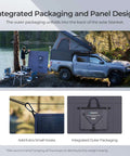 Camping scene with 400W Portable Solar Blanket With 16-Fold Design, attached to a truck by a lake, showing integrated packaging panel.