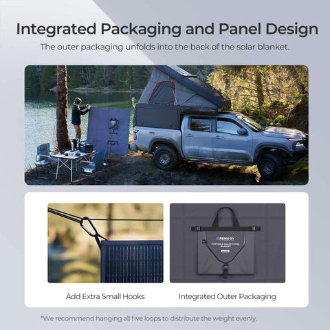 Camping scene with 400W Portable Solar Blanket With 16-Fold Design, attached to a truck by a lake, showing integrated packaging panel.