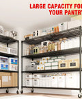 Extra Large Built Tough Four Tier Carbon Steel Wire Shelving Unit With Roller Glide Wheels for organized pantry storage.