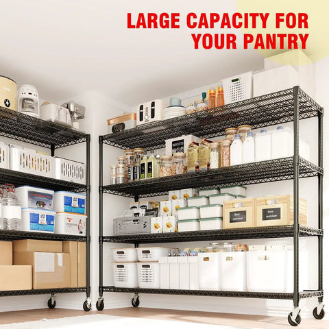 Extra Large Built Tough Four Tier Carbon Steel Wire Shelving Unit With Roller Glide Wheels for organized pantry storage.