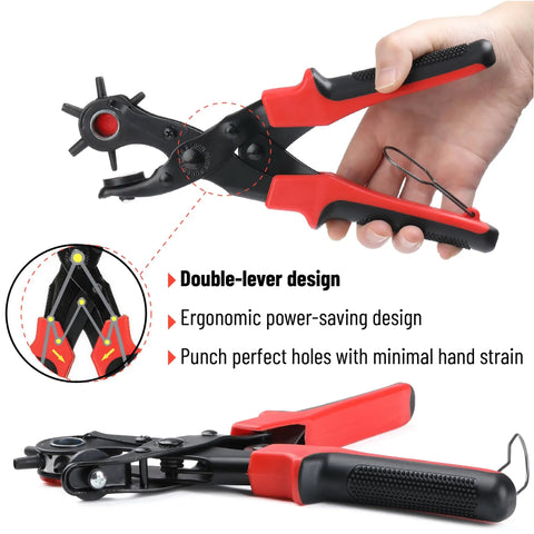 Leather Hole Punch Tool Set With Red Handle, Pro Grade Multi Size Punches And 100 Piece Grommet Eyelet Kit For Belts, Straps