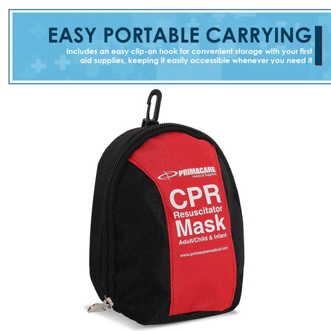 Primacare CPR resuscitator mask carrying case; red front panel, black fabric, zip closure with carabiner.