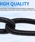 Close-up of black nylon rope for 2 Pack MKA 45 Trolling Motor Rope And Handle For Lift And Release On Maxxum And Edge Bow Mount Motors Durable Marine Grade Construction For Reliable Operation And Easy Replacement Compatible With Minn Kota Parts.