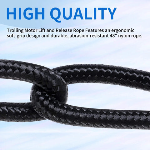 Close-up of black nylon rope for 2 Pack MKA 45 Trolling Motor Rope And Handle For Lift And Release On Maxxum And Edge Bow Mount Motors Durable Marine Grade Construction For Reliable Operation And Easy Replacement Compatible With Minn Kota Parts.