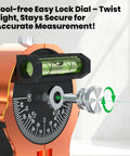 Nuvium Pipe Center Finder close-up view showing orange body, dial protractor, and bubble level