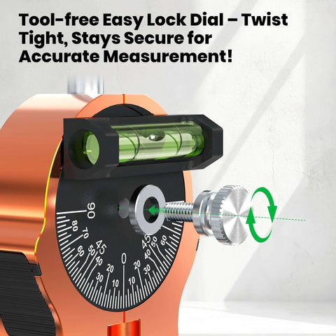 Nuvium Pipe Center Finder close-up view showing orange body, dial protractor, and bubble level