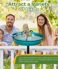 Built Tough Deck Mounted Bird Bath For Balcony Railing With Adjustable Secure Clamp Outdoor Metal Birdbath with bird splashing in water.