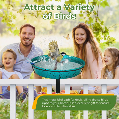 Built Tough Deck Mounted Bird Bath For Balcony Railing With Adjustable Secure Clamp Outdoor Metal Birdbath with bird splashing in water.