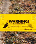 Electric Fence Warning Sign Set 4 Pack Yellow No Touching Safety Signs 9.5 By 4.7 Inches Durable Plastic mounted on fence