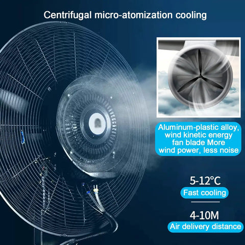 Heavy Duty Portable Misting Oscillating Floor Fan Featuring Three Speed Adjustable Cool Spray System And Ninety Degree Wide Airflow Coverage To Keep You Chill All Summer Long with centrifugal cooling features.