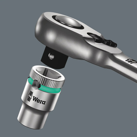 Zyklop Full Metal Ratchet With Switch Lever for One Half Inch Drive engaging socket with secure ball lock system view.