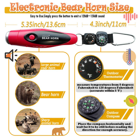 Bear Deterrent 120dB Air Horn With Compass And Thermometer shown with size, thermometer, compass details for hiking safety.