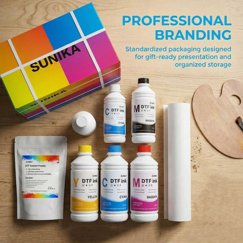 All In One Direct To Film Printing Kit With CMYK Plus White Ink The Go To Bundle For Fabric Includes 6x500 ml Ink DTF Powder 1 Kg Film Roll