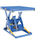 Rides Smooth As Silk Heavy Duty Electric Hydraulic Lift Table With Forty By Forty Eight Inch Steel Platform Four Thousand Pound Capacity, side view showing lift mechanism.