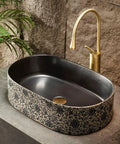 Retro Ceramic Vessel Sink for Bathroom, Oval Above-Counter Wash Vanity Sink with Accessories, deep black and patterned design.