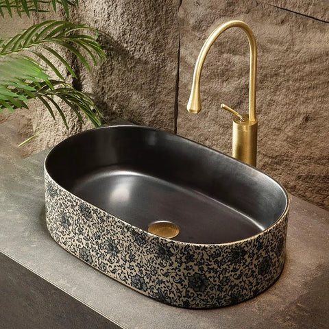 Retro Ceramic Vessel Sink for Bathroom, Oval Above-Counter Wash Vanity Sink with Accessories, deep black and patterned design.