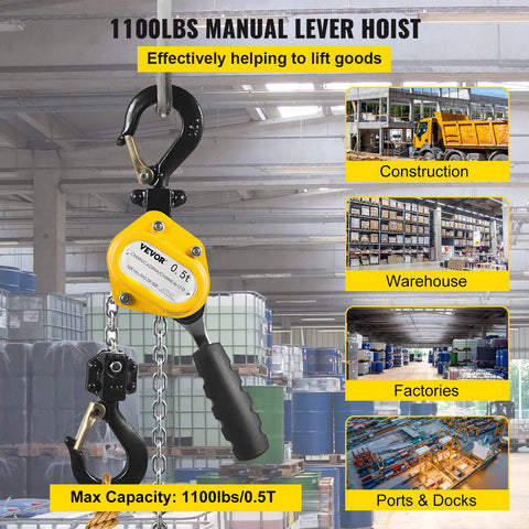 Go To Handheld Mini Lever Chain Hoist Half Ton 10 Foot G80 Alloy Steel Chain displayed in a factory setting with applications shown.