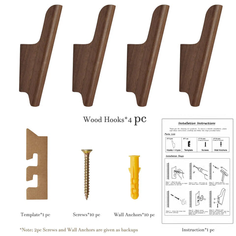 Rock-Solid Natural Walnut Wood 4 Pack Wall-Mounted Coat Hooks for a Super Entryway Glow Up showing 4 wood hooks with installation hardware.