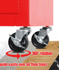 Close-up of 360-degree wheels on Heavy Duty Steel Tool Cart On Wheels, Red Rolling Tool Chest With Lockable Double-Door Cabinet And Two Drawers