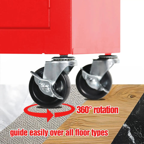 Close-up of 360-degree wheels on Heavy Duty Steel Tool Cart On Wheels, Red Rolling Tool Chest With Lockable Double-Door Cabinet And Two Drawers