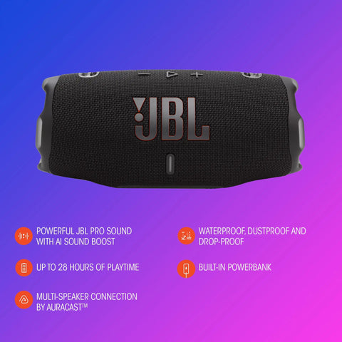 Charge 6 Portable Waterproof Bluetooth Speaker With AI Sound Boost, 28 Hours Of Playtime, Built In Powerbank on colorful backdrop