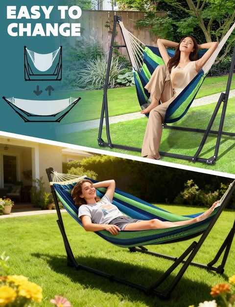 2 In 1 Hammock And Swing Chair With Collapsible Steel Stand And Portable Carry Case Adjustable And Quick Setup for outdoor use