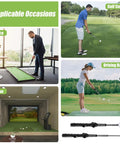 Retractable Golf Swing Trainer with Audible Click Feedback for Realistic Swing Right Handed Grip Trainer shown in various settings