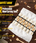 Top Tier 12 Piece Wood Carving Chisel Set With Rock Hard 60CrV Steel Blades And Smooth Ash Wood Grips For Beginners And Veterans To Kick Off Any DIY Project Slick Cuts Every Time Includes Heavy Duty Canvas Zipper Roll Up Storage Pouch.
