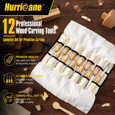 Top Tier 12 Piece Wood Carving Chisel Set With Rock Hard 60CrV Steel Blades And Smooth Ash Wood Grips For Beginners And Veterans To Kick Off Any DIY Project Slick Cuts Every Time Includes Heavy Duty Canvas Zipper Roll Up Storage Pouch.