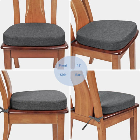 Thickened Two Point Five Inch U Shape Chair Cushion For A Cozy Comfy Seat With High Density Foam Breathable Woven Fabric Slip Resistant Bottom Removable Washable Cover Great For Kitchen And Dining Dark Gray 1 Piece on a wooden chair in various angles.