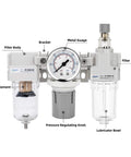 Front view of One Quarter Inch NPT Air Filter Regulator Lubricator FRL Combo with gauge, 5 micron brass element, and metal bracket.