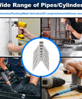 Collage showing uses of a handheld pipe drill jig that centers the bit on pipes and cylinders, prevents wandering for precise holes.